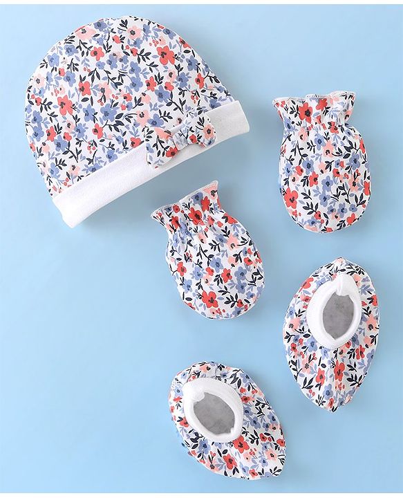 Babyhug 100% Cotton Cap Mittens And Booties Floral Print - Multicolour