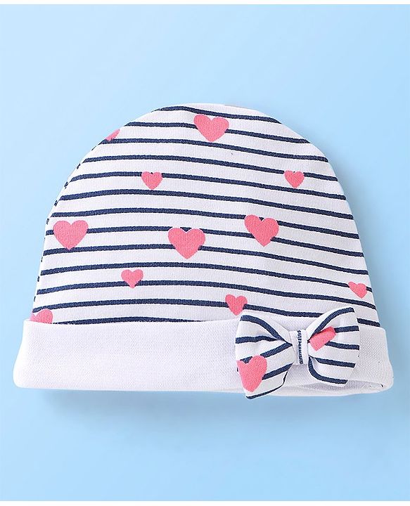 Babyhug 100% Cotton Cap Mittens And Booties Heart Printed - White