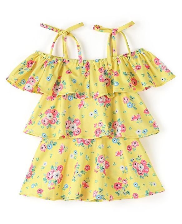 Babyhug Off Shoulder Sleeves Swimsuit Frock Floral Print - Yellow