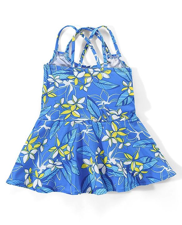 Babyhug Sleeveless Frock Style Swimsuit Floral Print - Blue