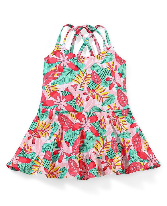 Babyhug Sleeveless Frock Style Swimsuit Floral Print - Multicolour