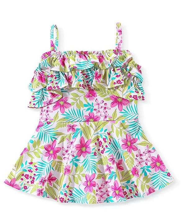 Babyhug Singlet Sleeves Ruffle & Floral Detailing Swimsuit Frock - Multicolour