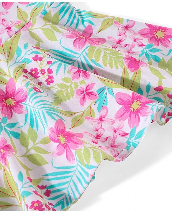 Babyhug Singlet Sleeves Ruffle & Floral Detailing Swimsuit Frock - Multicolour