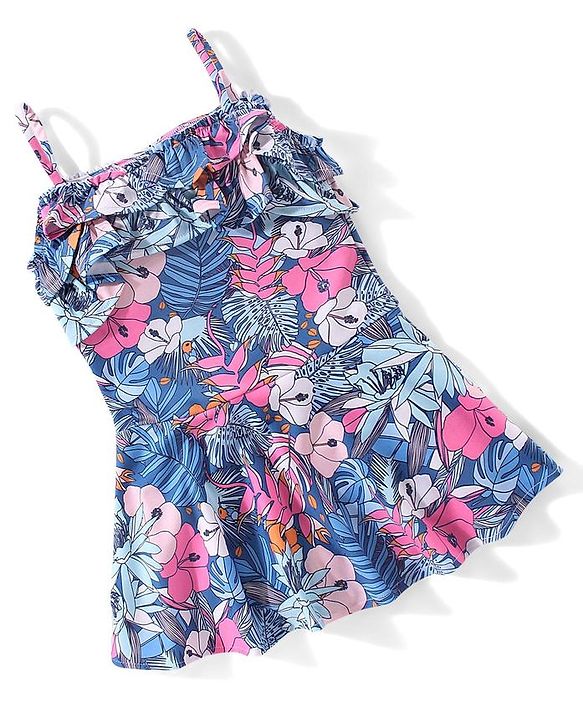 Babyhug Singlet Sleeves Ruffle & Floral Detailing Swimsuit Frock - Blue