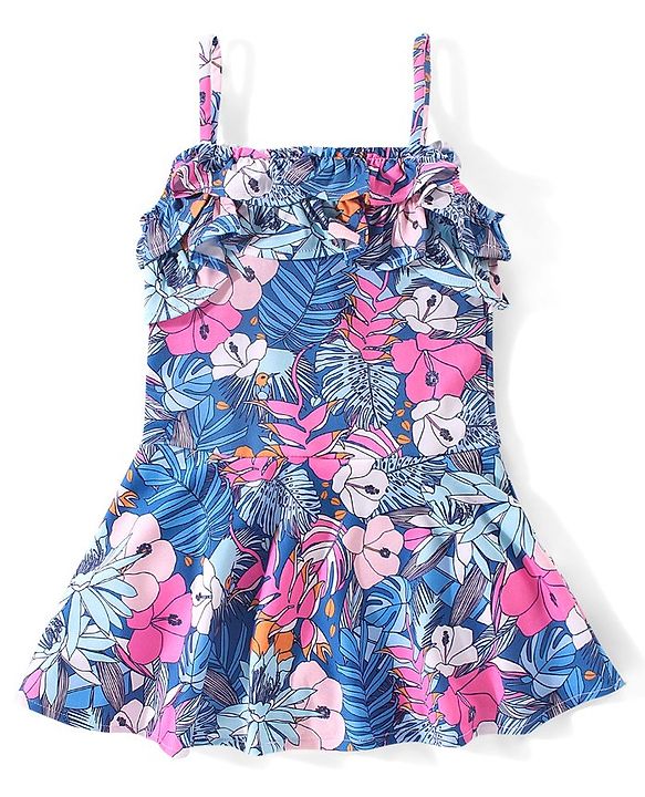 Babyhug Singlet Sleeves Ruffle & Floral Detailing Swimsuit Frock - Blue