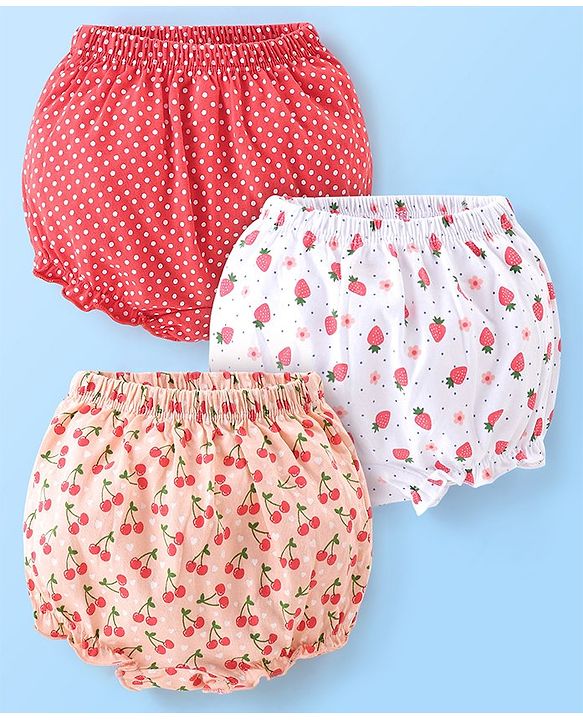 Babyhug Cotton Bloomers Polka Dots & Fruits Printed Pack of 3 - Multicolour