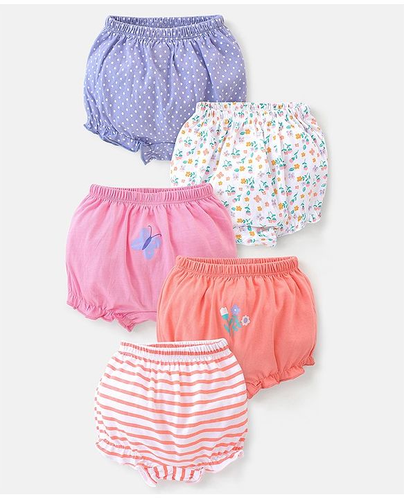 Babyhug Cotton Knit Bloomers Floral & Stripes Print Pack of 5 - Multicolor