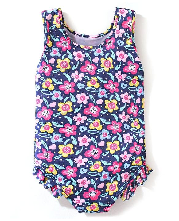 Babyhug Sleeveless V Cut Swimsuit Floral Print - Black