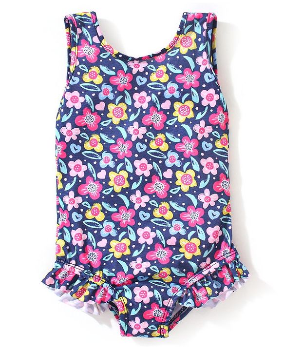 Babyhug Sleeveless V Cut Swimsuit Floral Print - Black