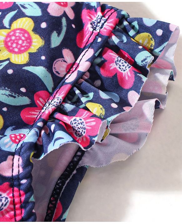 Babyhug Sleeveless V Cut Swimsuit Floral Print - Black