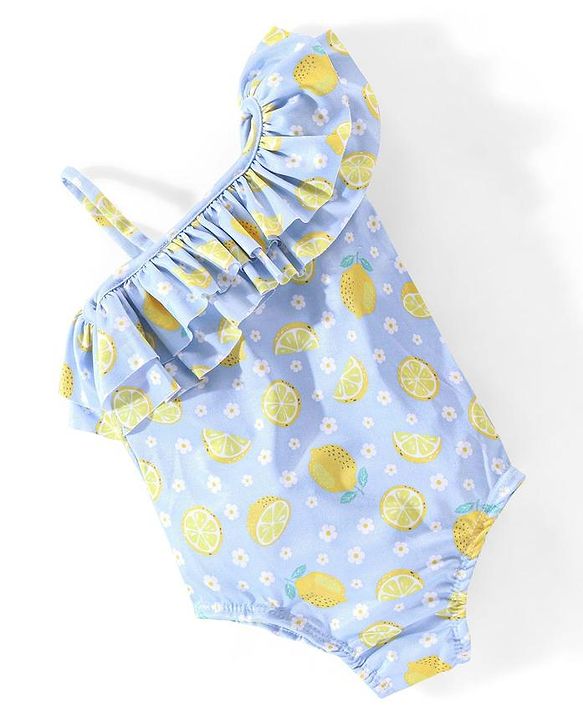Babyhug Sleeveless One Shoulder V Cut Swimsuit Lemon Print - Blue