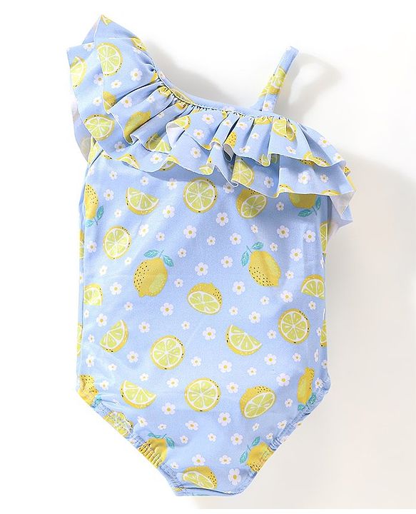 Babyhug Sleeveless One Shoulder V Cut Swimsuit Lemon Print - Blue
