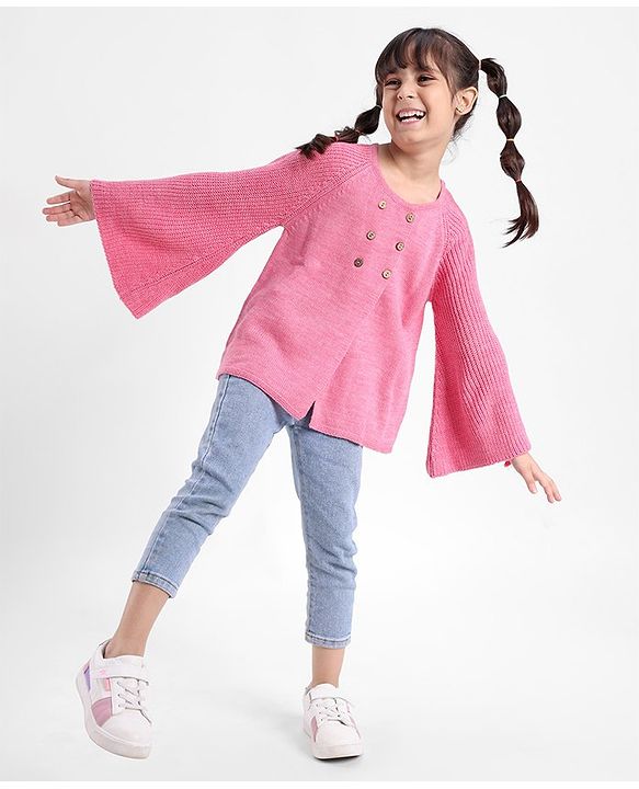 Babyhug Knit Full Sleeves Solid Color Shrug - Dark Pink