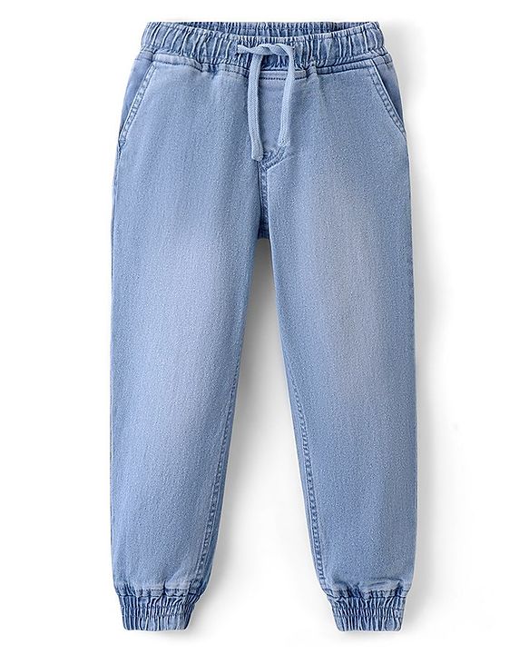 Pine Kids Cotton Full Length Stretchable Jeans With Back Elastication Solid- Mid Blue
