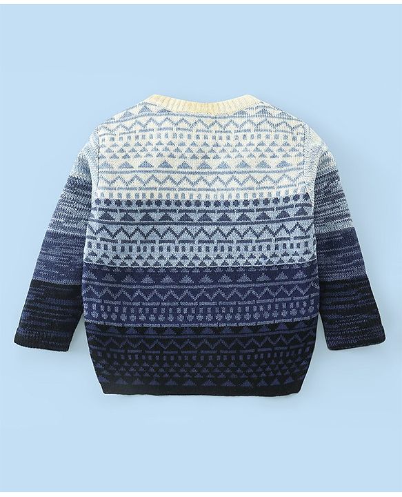 Babyhug Knit Full Sleeves Sweater With Pyramid Print  - Blue