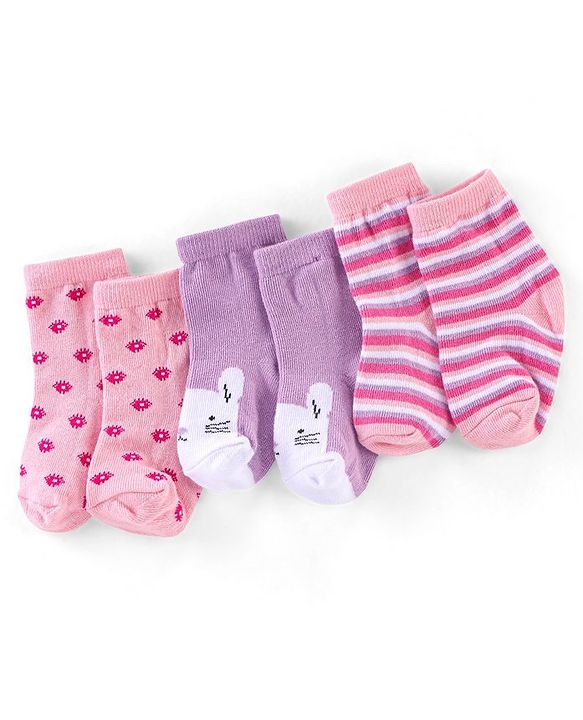 Cutewalk By Babyhug Anti Bacterial Ankle Length Socks Cat Print Pack Of 3 - Pink & Violet