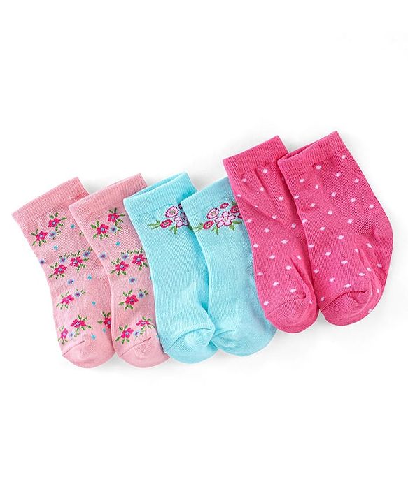 Cutewalk By Babyhug Anti Bacterial Ankle Length Socks Floral & Polka Dots Print Pack Of 3 - Pink & Blue