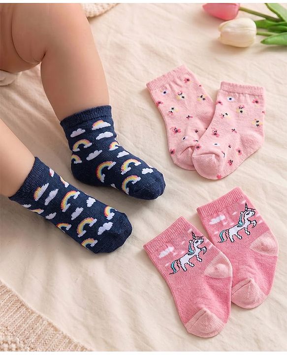 Cutewalk By Babyhug Anti Bacterial Ankle Length Socks Unicorn & Cloud Print Pack Of 3 - Pink & Blue