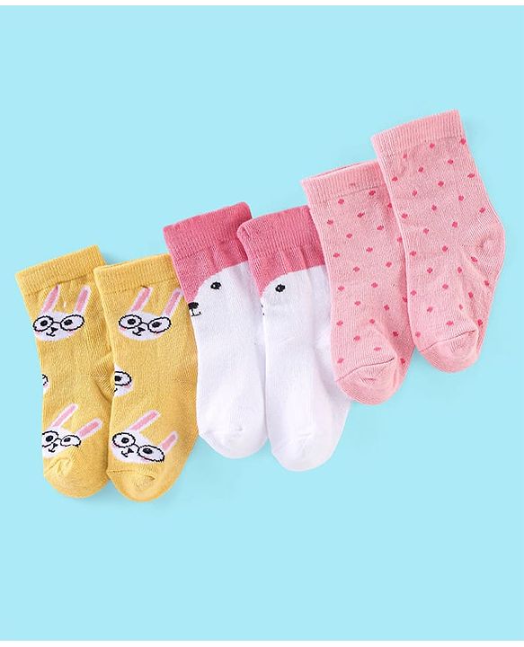 Cute Walk by Babyhug Non Terry Anti Bacterial Ankle Length Socks Kitty Design Pack of 3 - Pink White & Yellow