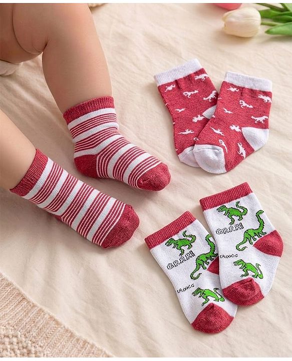 Cute Walk by Babyhug Non Terry Anti Bacterial Ankle Length Socks Dino Design Pack of 3 - Pink & White