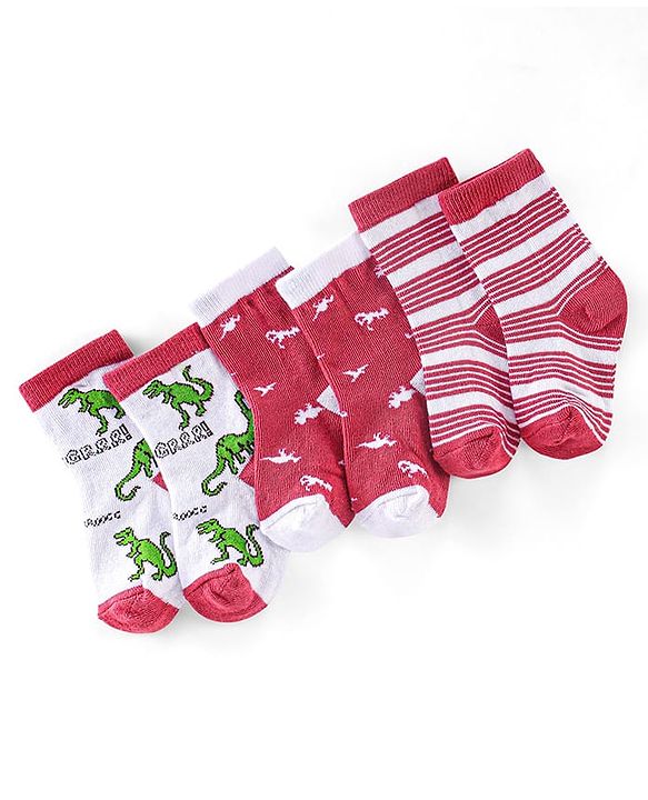 Cute Walk by Babyhug Non Terry Anti Bacterial Ankle Length Socks Dino Design Pack of 3 - Pink & White