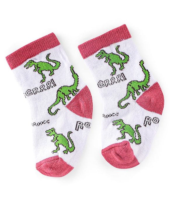Cute Walk by Babyhug Non Terry Anti Bacterial Ankle Length Socks Dino Design Pack of 3 - Pink & White