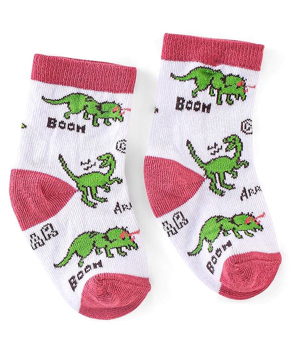 Cute Walk by Babyhug Non Terry Anti Bacterial Ankle Length Socks Dino Design Pack of 3 - Pink & White