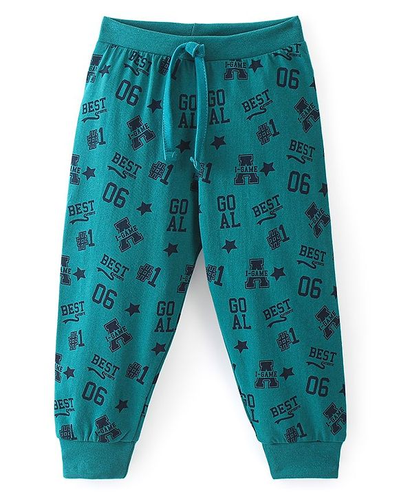 Babyhug Cotton Knit Full Length Lounge Pant Text Print - Green
