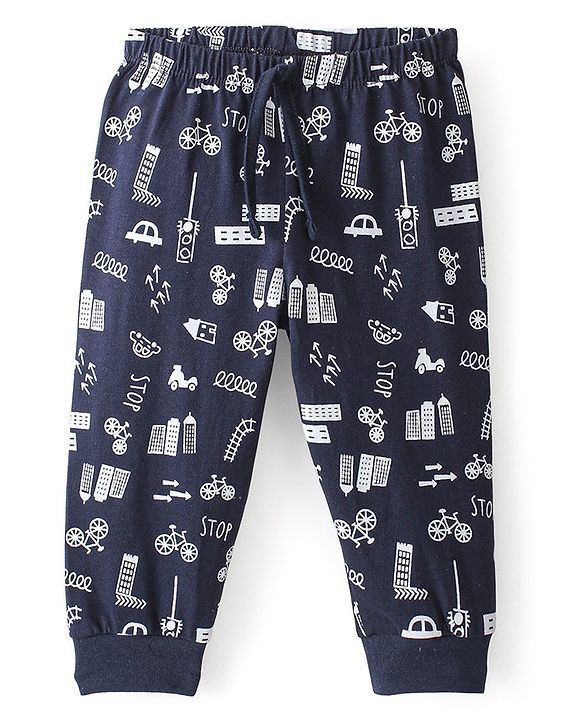 Babyhug Cotton Knit Full Length Car Printed Lounge Pant - Navy Blue