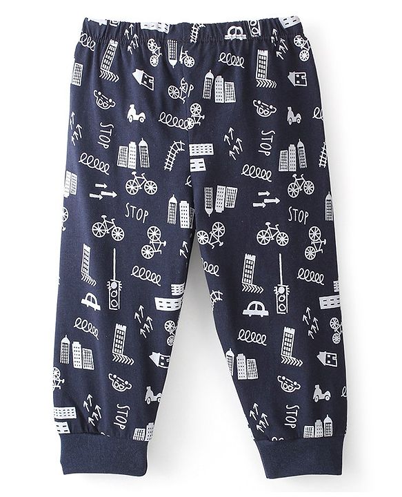 Babyhug Cotton Knit Full Length Car Printed Lounge Pant - Navy Blue