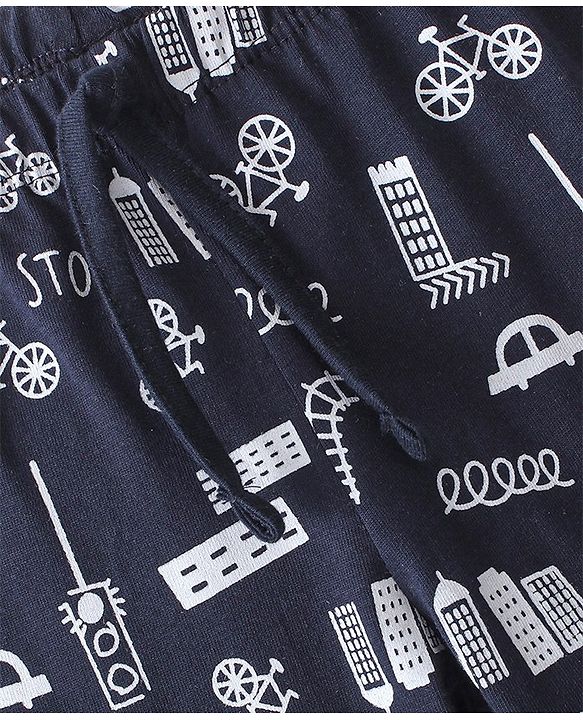 Babyhug Cotton Knit Full Length Car Printed Lounge Pant - Navy Blue
