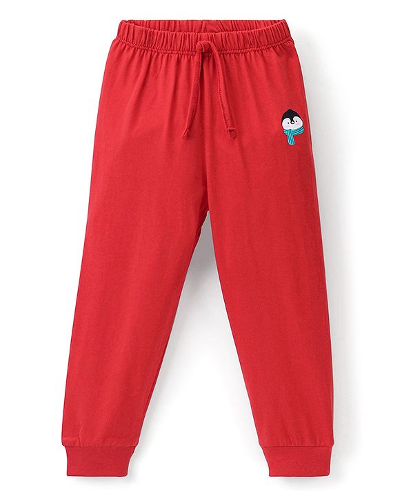Babyhug Cotton Knit Full Length Lounge Pant Penguin Print - Red