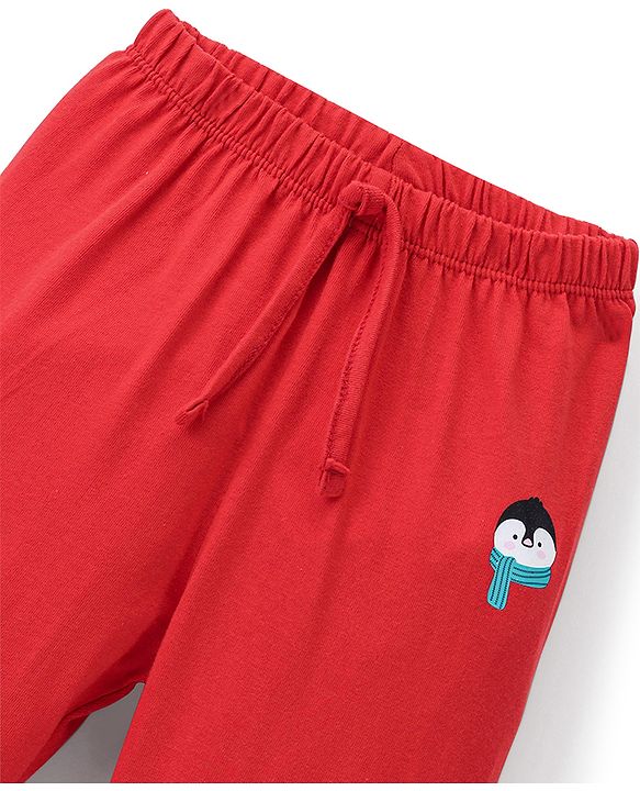 Babyhug Cotton Knit Full Length Lounge Pant Penguin Print - Red