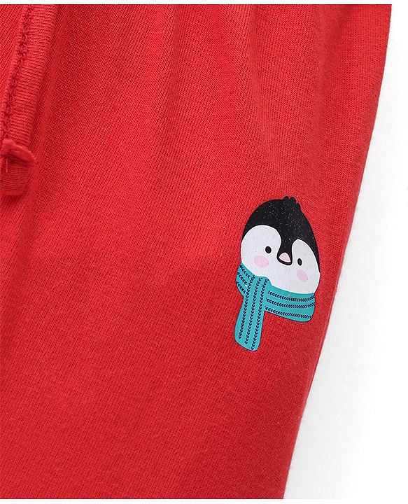 Babyhug Cotton Knit Full Length Lounge Pant Penguin Print - Red