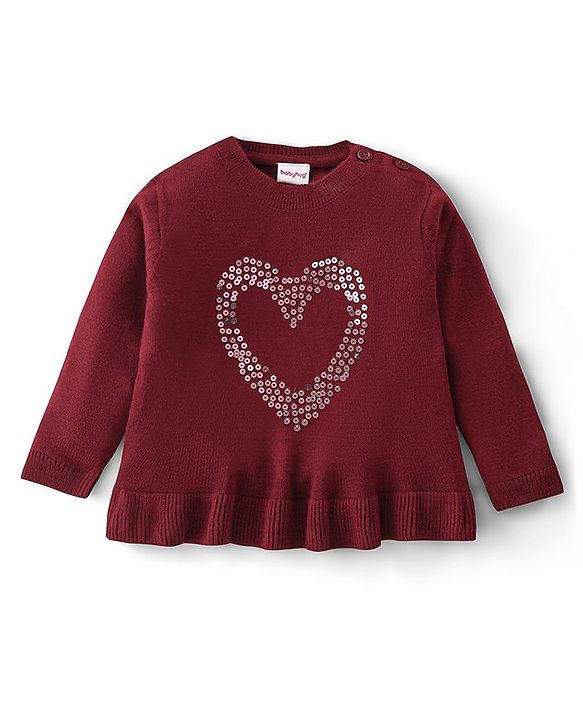 Babyhug Full Sleeves Sweater With Sequin Heart Detailing- Maroon