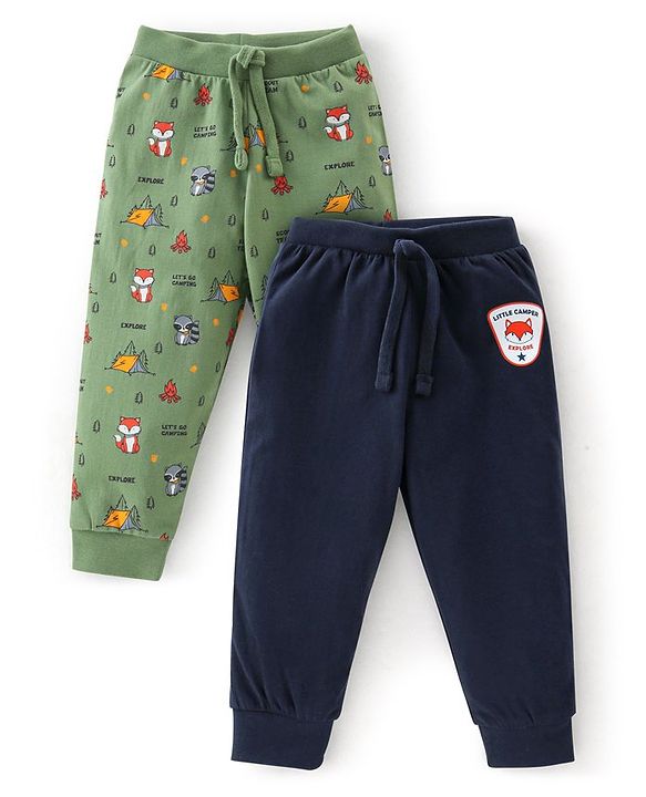 Babyhug Cotton Full Length Lounge Pants Fox Print Pack of 2 - Blue & Green