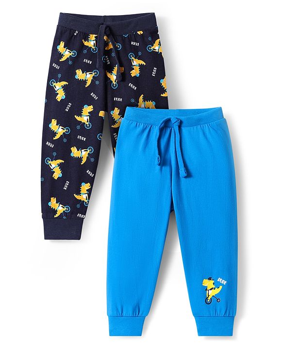Babyhug Cotton Knit Full Length Dino Printed Lounge Pants Pack of 2 - Navy & Medium Blue