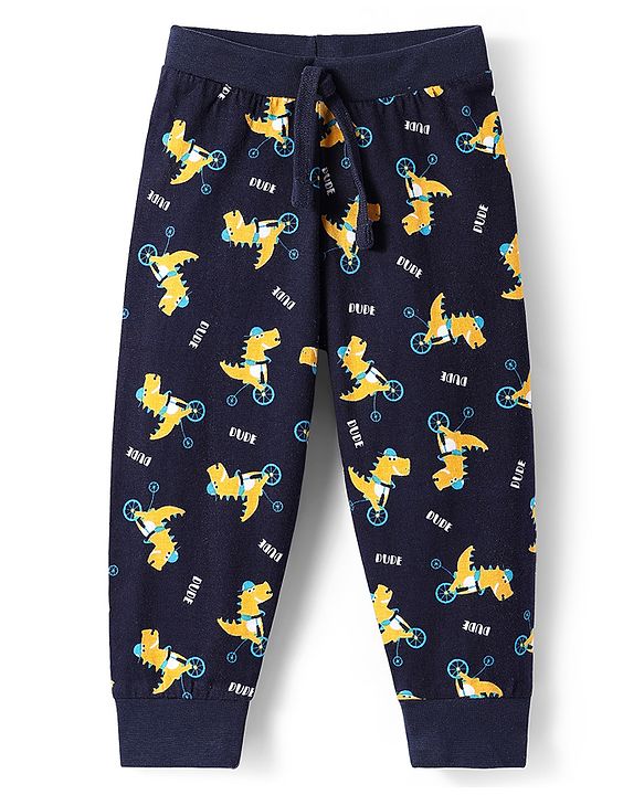 Babyhug Cotton Knit Full Length Dino Printed Lounge Pants Pack of 2 - Navy & Medium Blue