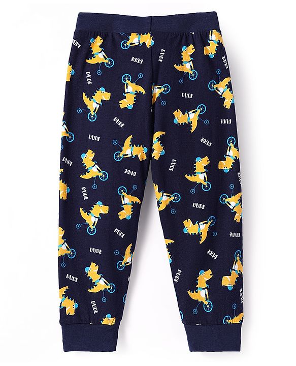 Babyhug Cotton Knit Full Length Dino Printed Lounge Pants Pack of 2 - Navy & Medium Blue