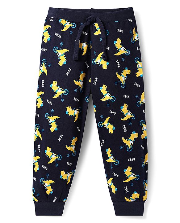 Babyhug Cotton Knit Full Length Dino Printed Lounge Pants Pack of 2 - Navy & Medium Blue