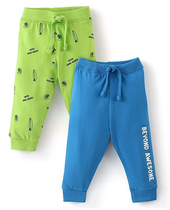 Babyhug Cotton Knit Full Length Lounge Pants with Draw Cord & Text Print Pack of 2 - Green & Blue