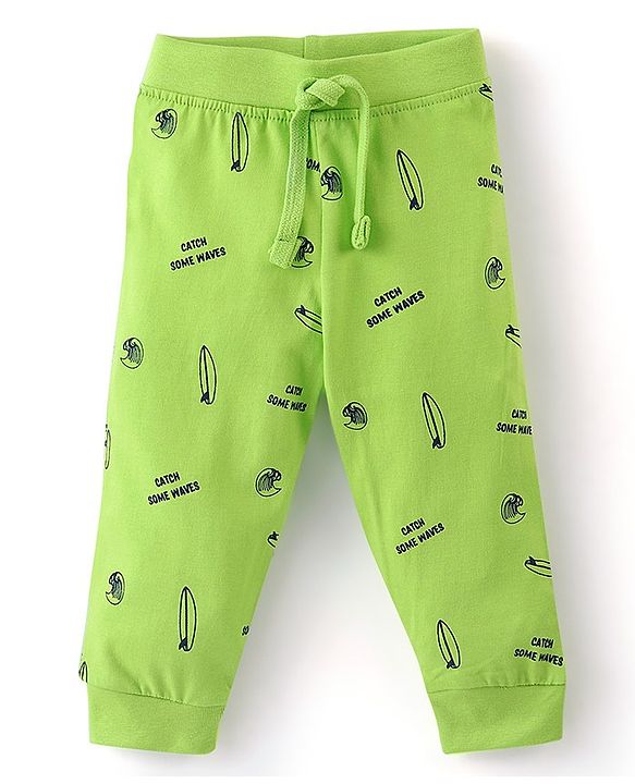Babyhug Cotton Knit Full Length Lounge Pants with Draw Cord & Text Print Pack of 2 - Green & Blue