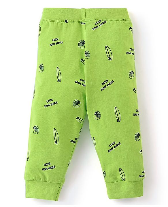 Babyhug Cotton Knit Full Length Lounge Pants with Draw Cord & Text Print Pack of 2 - Green & Blue