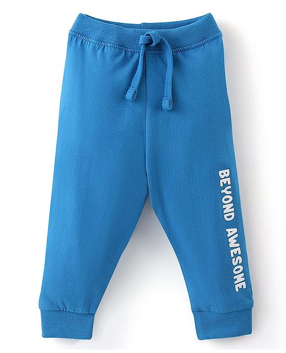 Babyhug Cotton Knit Full Length Lounge Pants with Draw Cord & Text Print Pack of 2 - Green & Blue