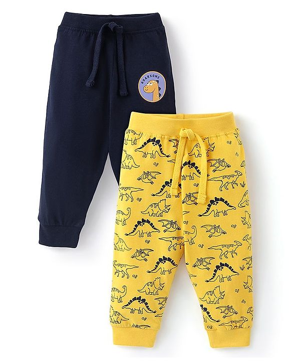 Babyhug Cotton Knit Full Length Lounge Pants with Draw Cord & Dino Print Pack of 2 - Navy & Yellow