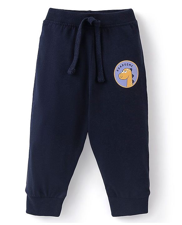 Babyhug Cotton Knit Full Length Lounge Pants with Draw Cord & Dino Print Pack of 2 - Navy & Yellow