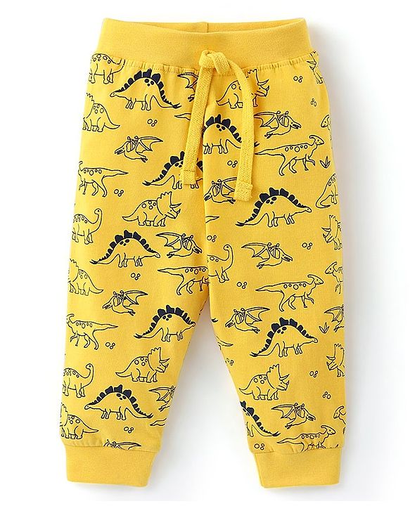 Babyhug Cotton Knit Full Length Lounge Pants with Draw Cord & Dino Print Pack of 2 - Navy & Yellow