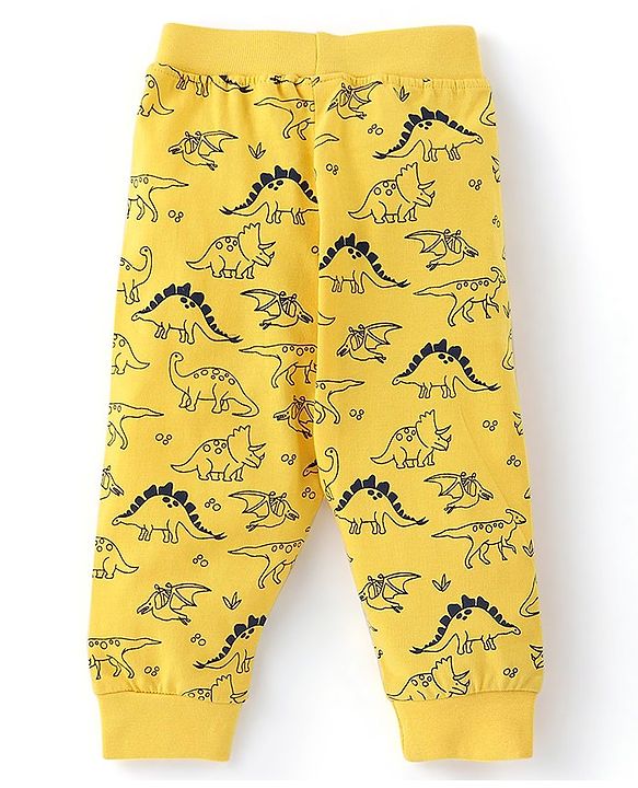 Babyhug Cotton Knit Full Length Lounge Pants with Draw Cord & Dino Print Pack of 2 - Navy & Yellow