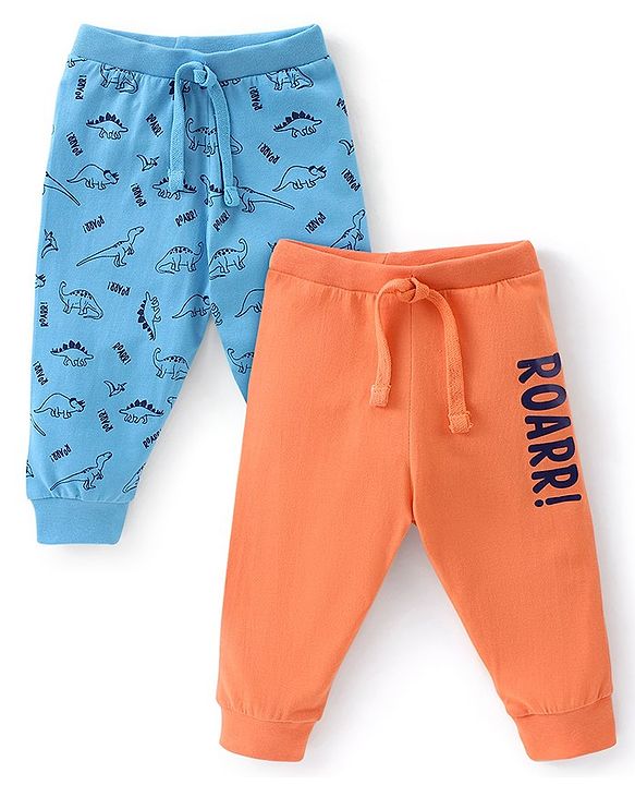 Babyhug Cotton Knit Full Length Lounge Pants Dino Print Pack of 2 - Blue & Orange