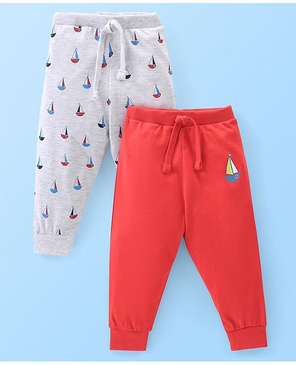 Babyhug Cotton Full Length Lounge Pants Boat Print Pack of 2- Red & White
